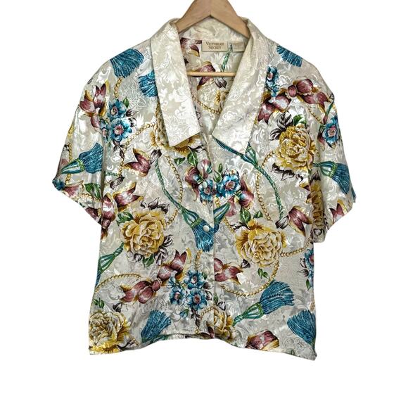 Vtg Victoria's Secret Gold Label Small Dagger Collar Rose Tassel Print Shirt - Picture 1 of 6